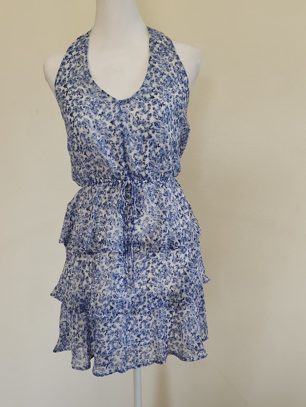 Blue Floral Tiered Halter Dress